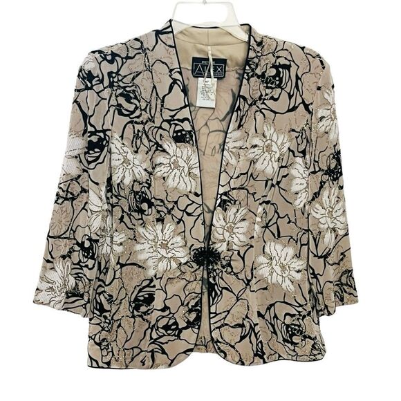 Alex Evenings Light Blazer Gold/Glittery Tan Black Floral Rhinestone/Broach MP - Picture 1 of 11